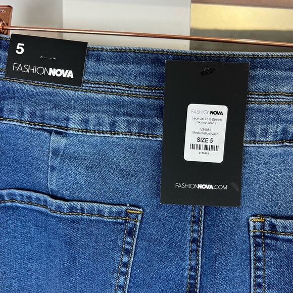 Fashion Nova Lace Up To It Stretch Skinny Jeans - Medium Blue Wash - Picture 8 of 13